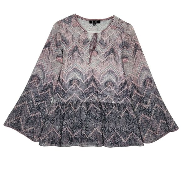 BLEU Top Womens S Pink Gray Long Bell Sleeve Boho Peasant Blouse Rhinestones - Picture 1 of 12